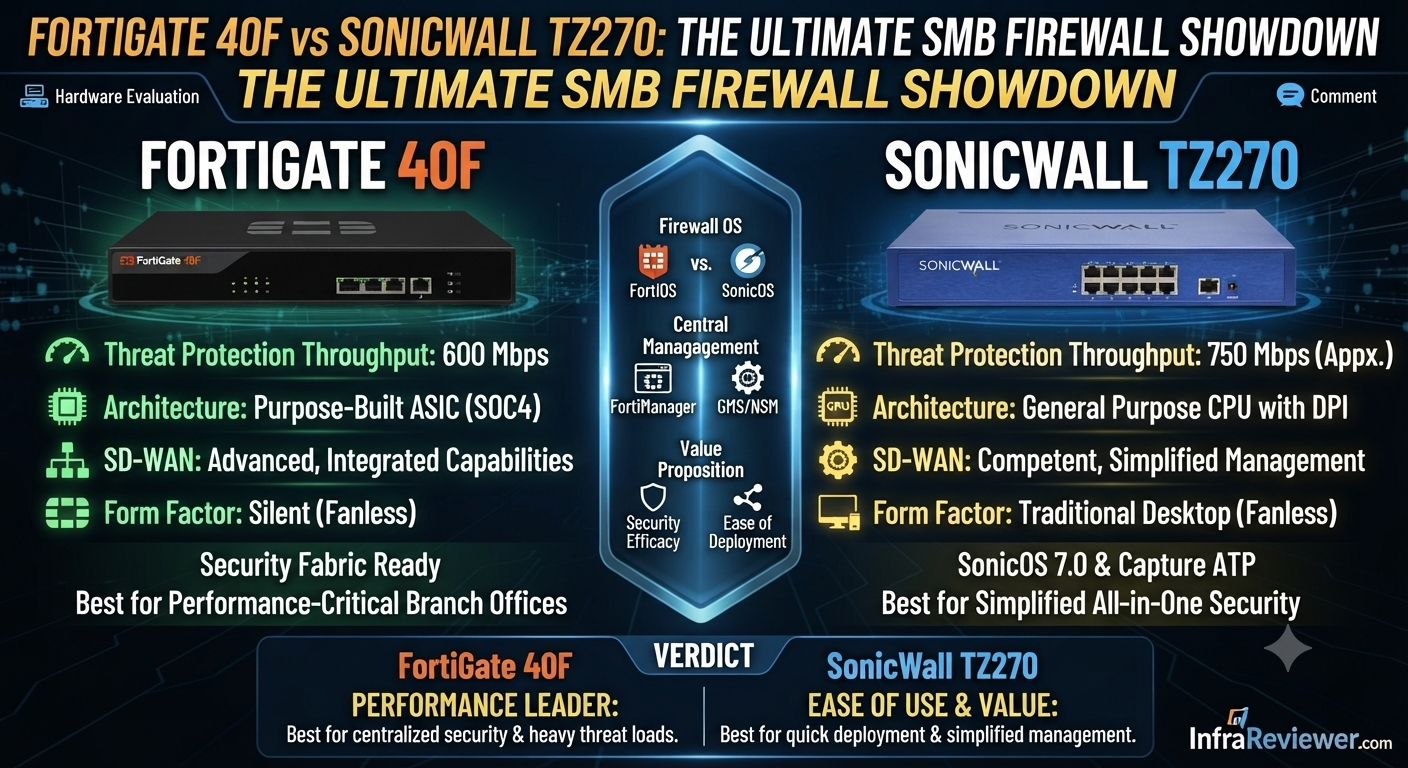 Infra Reviewer.com - FortiGate 40F vs SonicWall TZ270 Firewall Comparison Infographic