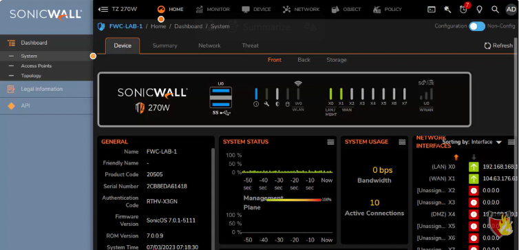 FortiGate 40F vs SonicWall TZ270: The Ultimate SMB Firewall Showdown SonicWall TZ270W SonicOS Hardware Interface Map and Live System Usage Status