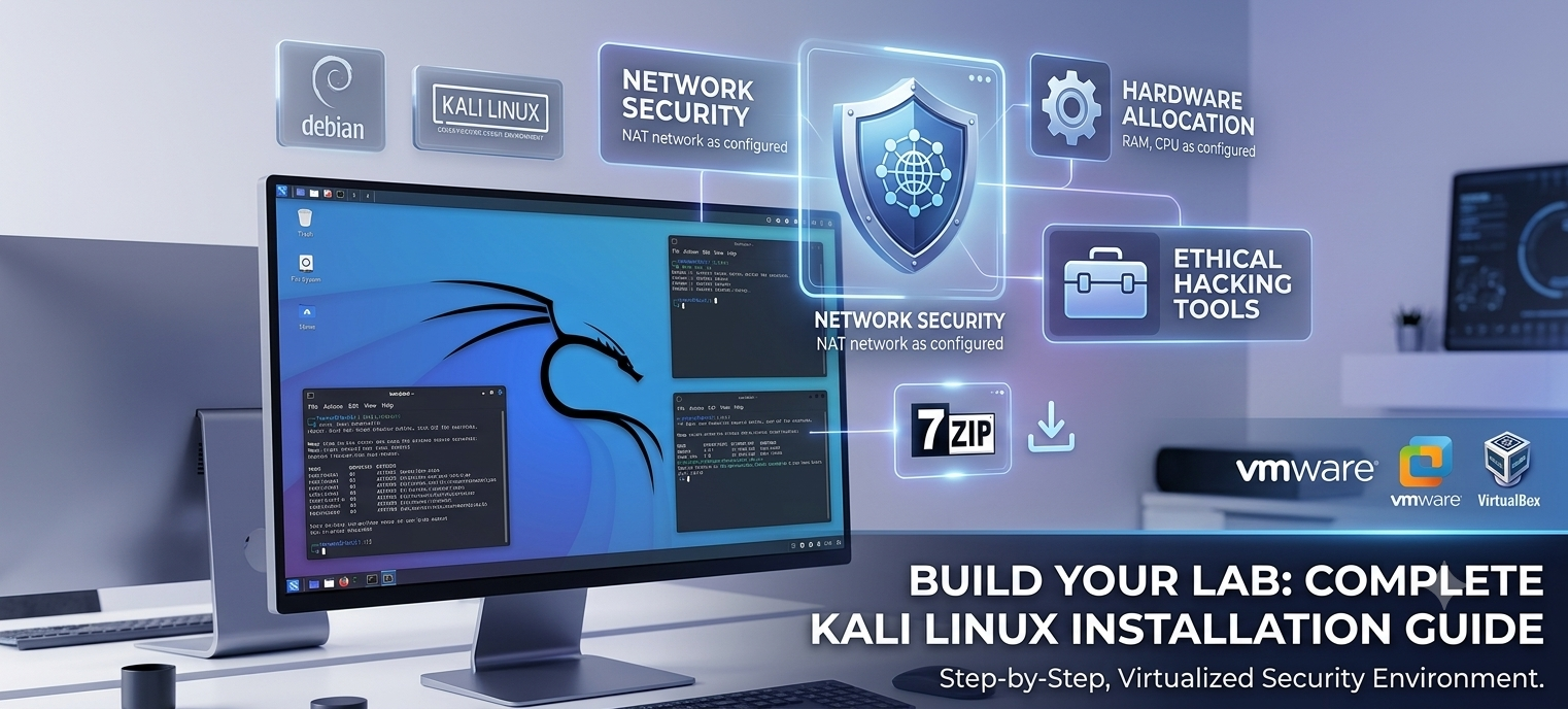 Feature image banner showing a Kali Linux desktop and digital icons representing ethical hacking tools, VMware and VirtualBox logos, highlighting a complete security lab installation guide