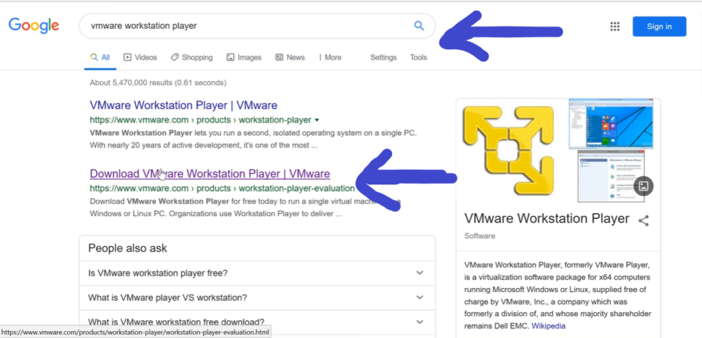 VMware Workstation Player download link on Google
