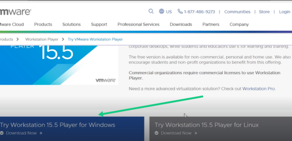 Downloading VMware Workstation Player for Windows from the official website
