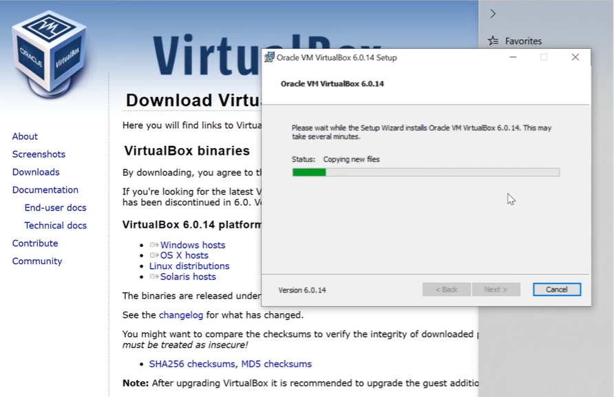 Oracle VM VirtualBox setup wizard progress bar showing file copying status