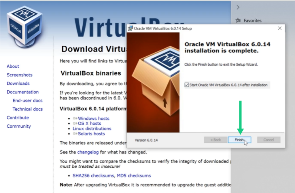 Completing Oracle VM VirtualBox setup wizard and clicking Finish