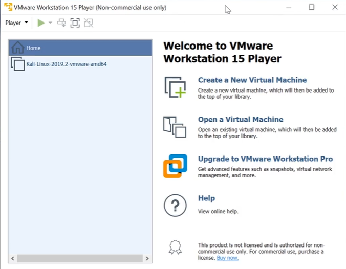 VMware Workstation Player home screen showing welcome options and virtual machine libraryand library pane ready for use.