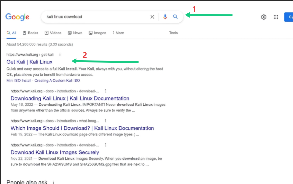 Searching for Kali Linux download link on Google search results