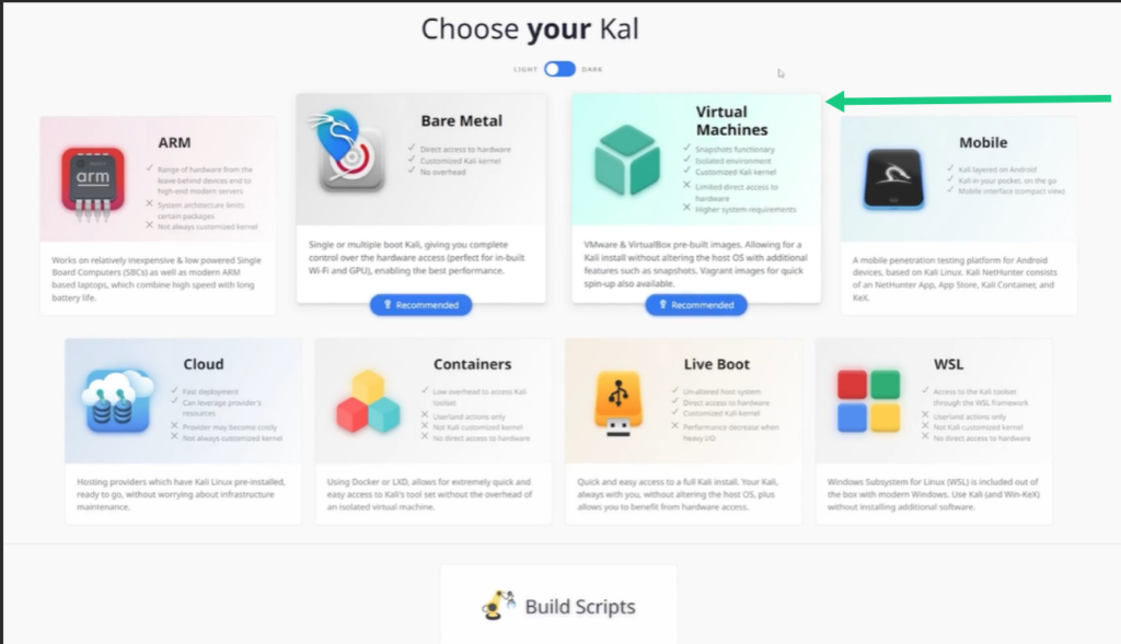 : Selecting Virtual Machines option on the official Kali Linux download page