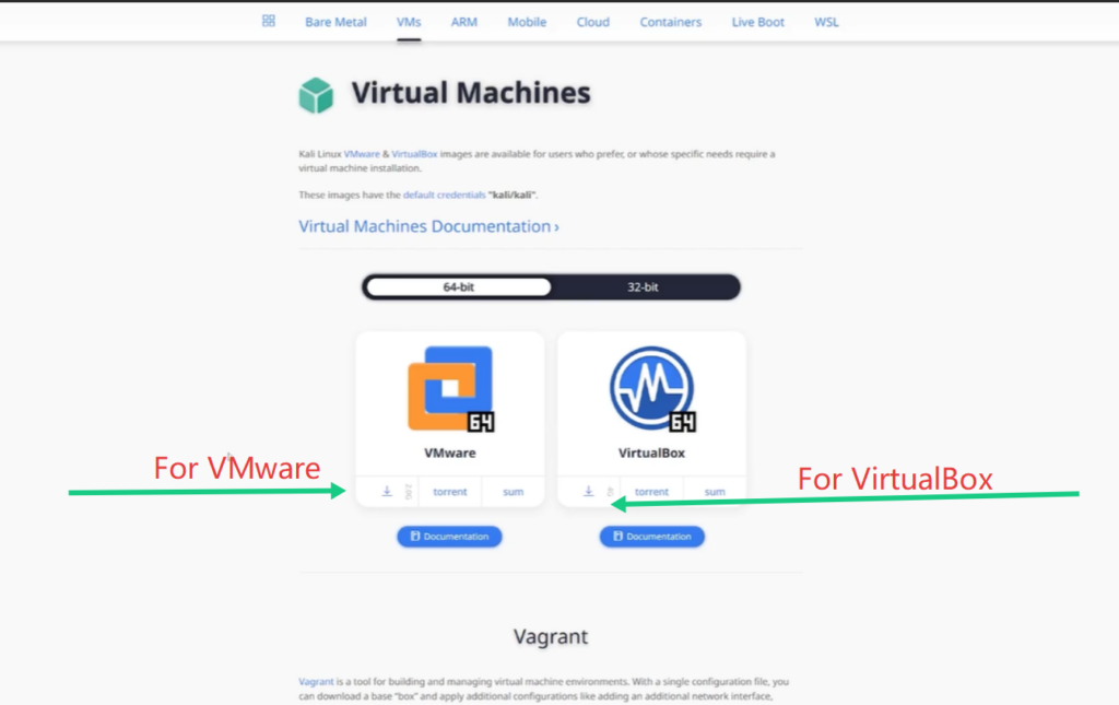 Choosing pre-built Kali Linux image download links for VMware and VirtualBox