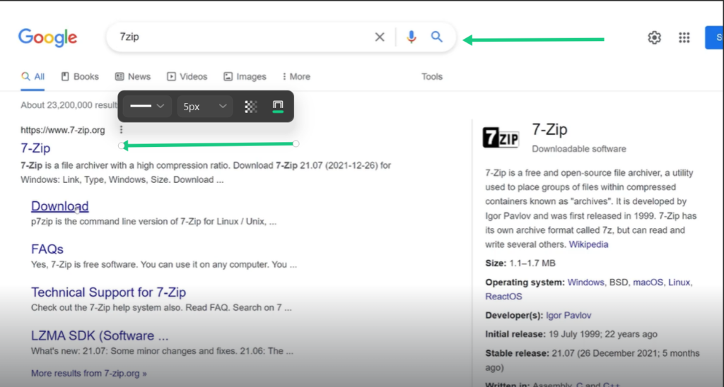 Searching for 7-Zip software download on Google
