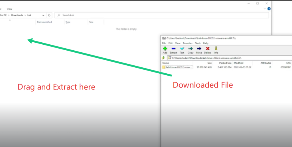 Dragging and extracting Kali Linux compressed image file into local destination folder