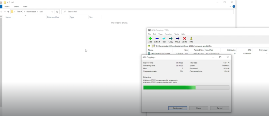 7-Zip extraction progress bar copying files to destination folder
