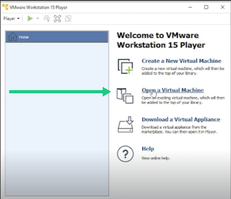 Selecting Open a Virtual Machine option on VMware Workstation Player home screen