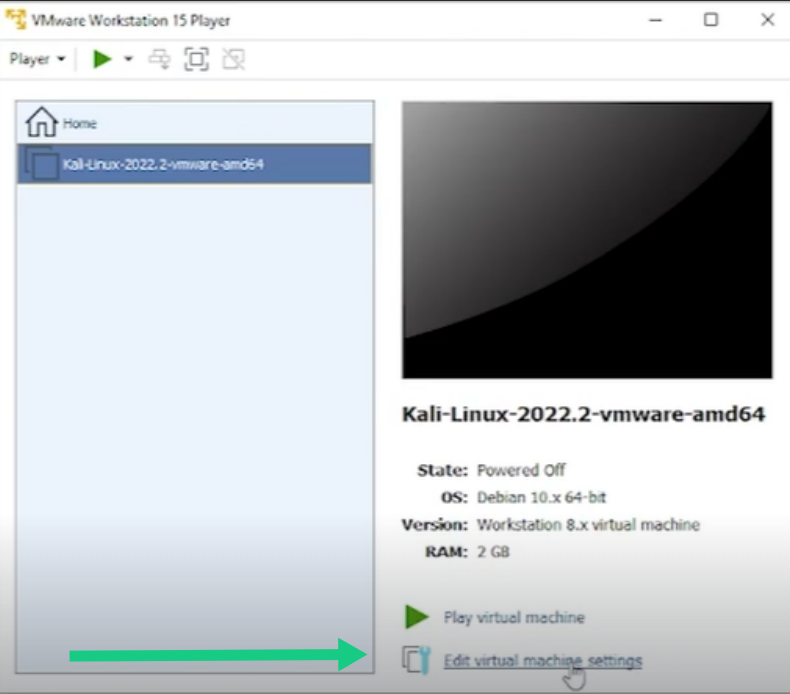 Clicking Edit virtual machine settings for Kali Linux