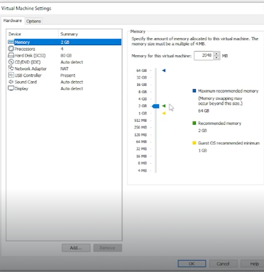 Checking default hardware settings with 2 GB memory allocation