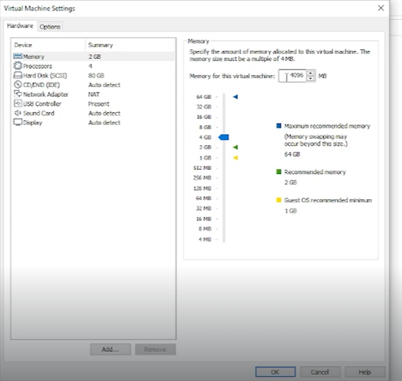 Increasing allocated RAM to 4 GB (4096 MB) for smooth performance