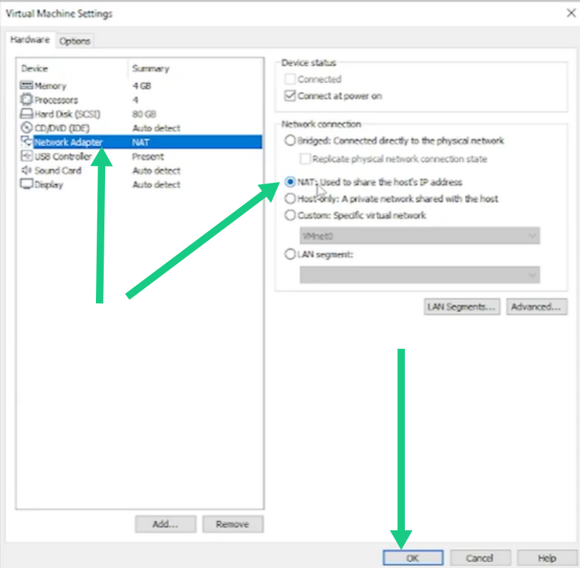 Configuring Network Adapter connection mode to NAT