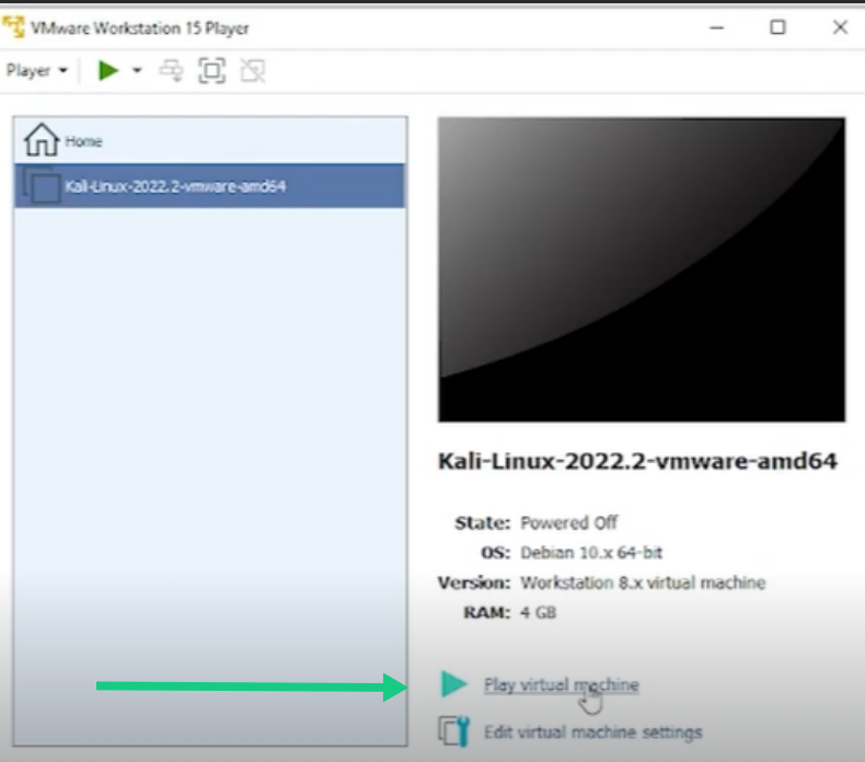 Clicking Play virtual machine to start Kali Linux OS