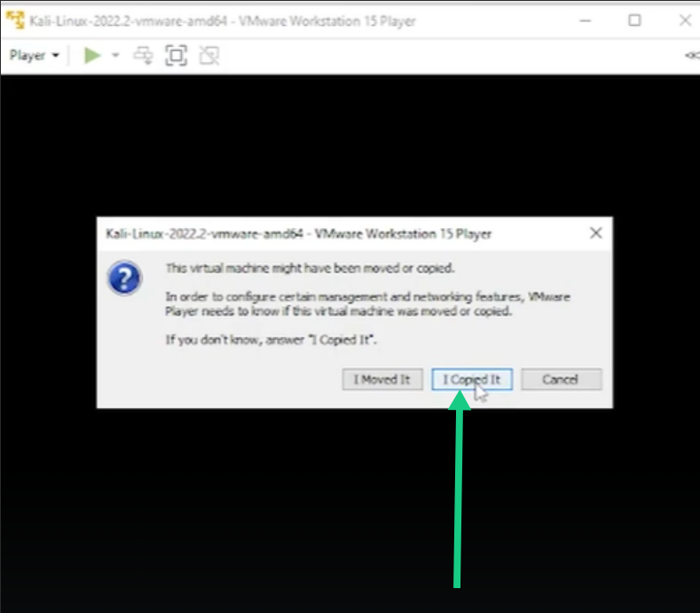 Selecting I Copied It option on VMware prompt screen