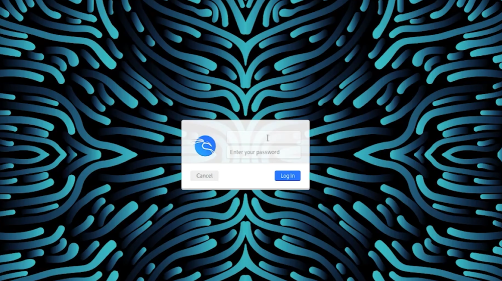 Kali Linux graphical user authentication prompt and login box