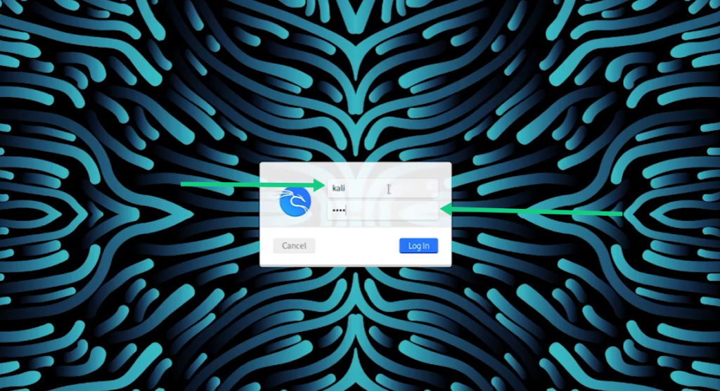 Entering default username kali and password kali into login fields