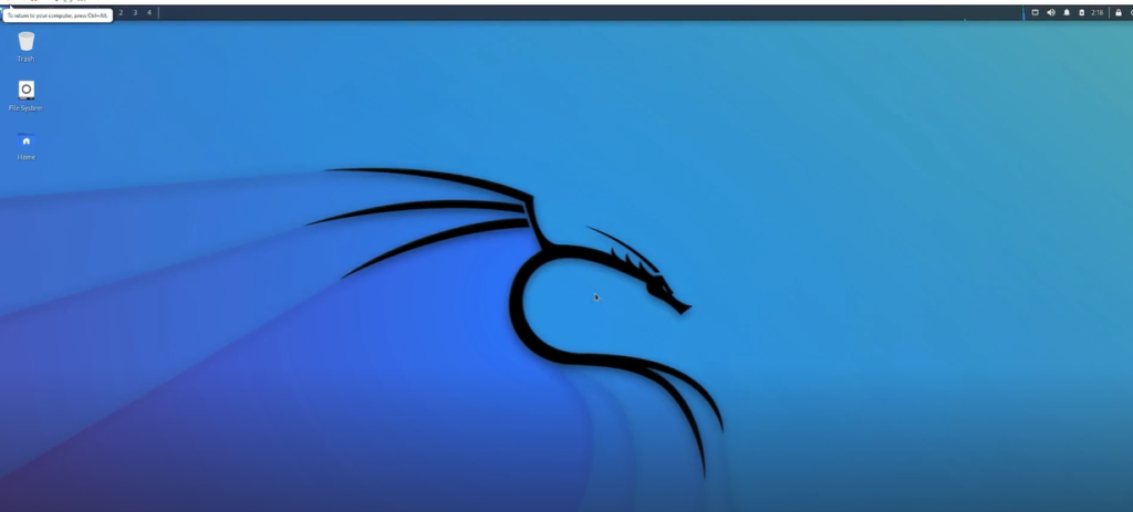 Kali Linux XFCE desktop environment interface successfully loaded