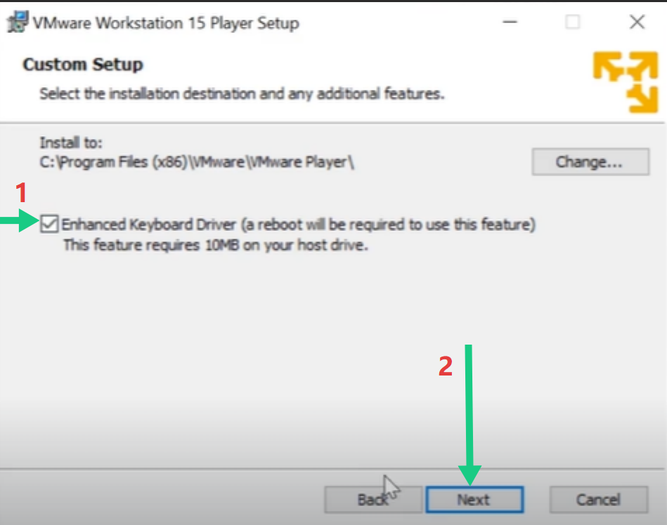Configuring custom installation options and User Experience Settings in VMware Workstation Player setup wizard