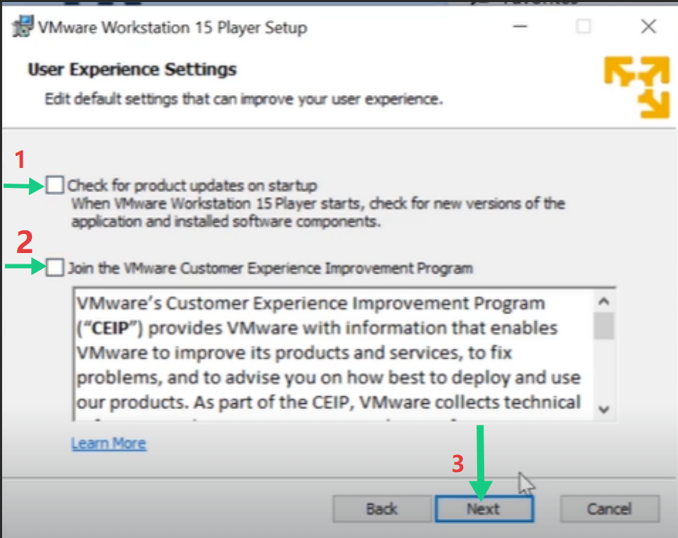 Configuring custom installation options and User Experience Settings in VMware Workstation Player setup wizard
