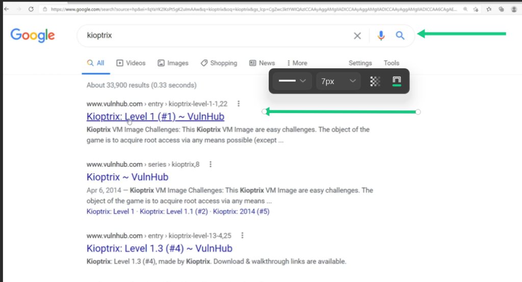 Searching for 'kioptrix' on Google search engine interface.