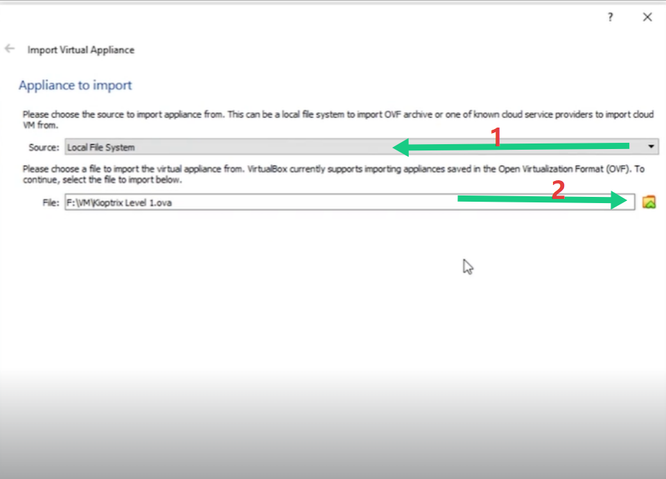 Oracle VirtualBox 'Import Virtual Appliance' screen with arrows pointing to Source selection and File path icon.