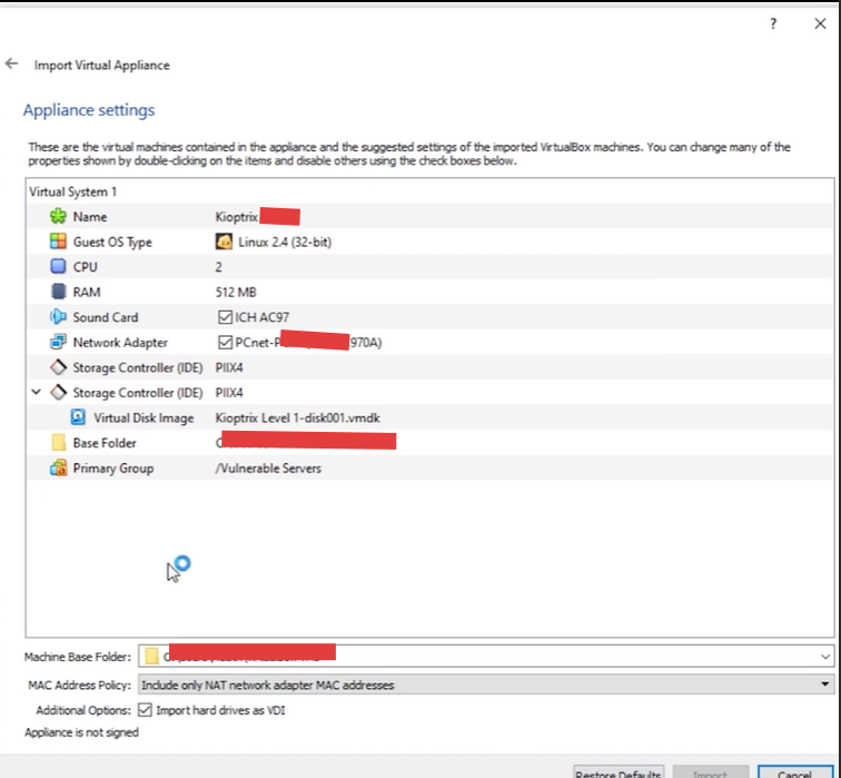 VirtualBox Appliance Settings window displaying virtual system specifications for Kioptrix Level 1 VM