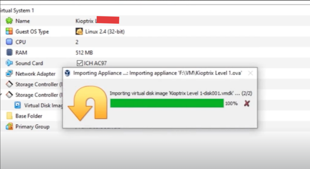 VirtualBox progress popup window showing 100 percent completion status for importing Kioptrix Level 1 virtual disk.