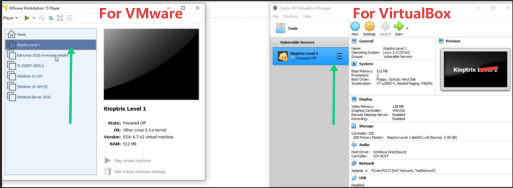 Side-by-side screenshot showing Kioptrix Level 1 VM listed in VMware Workstation Player and Oracle VM VirtualBox Manager interfaces.