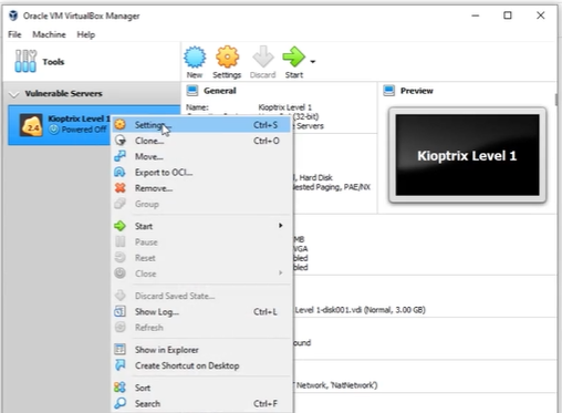 VirtualBox Manager context menu opened on Kioptrix Level 1 VM with cursor hovering over the 'Settings' option.