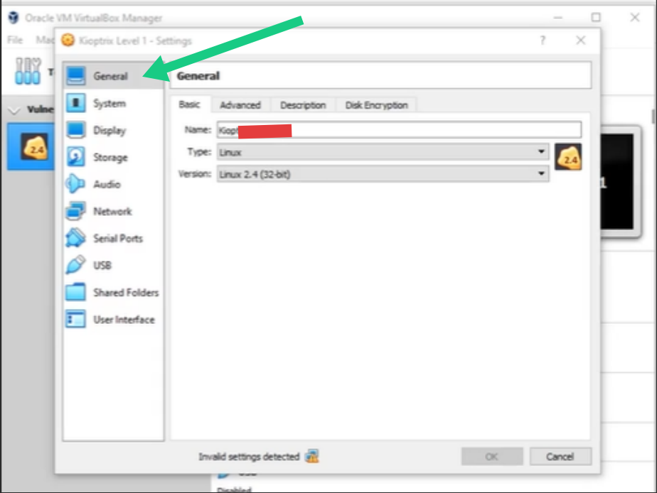 : VirtualBox VM Settings window displaying the General configuration tab for Kioptrix Level 1.