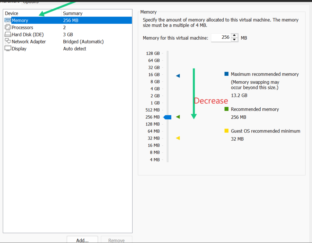 VMware Virtual Machine Settings screen highlighting Memory allocation options and slider arrow pointing to decrease RAM.