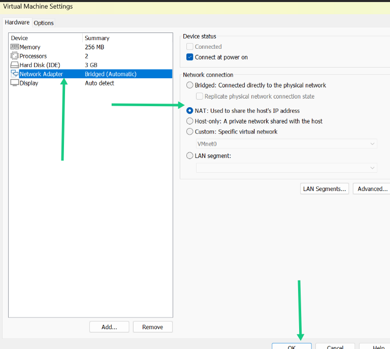 VMware Network Adapter settings panel showing selection of NAT option indicated by green arrows.