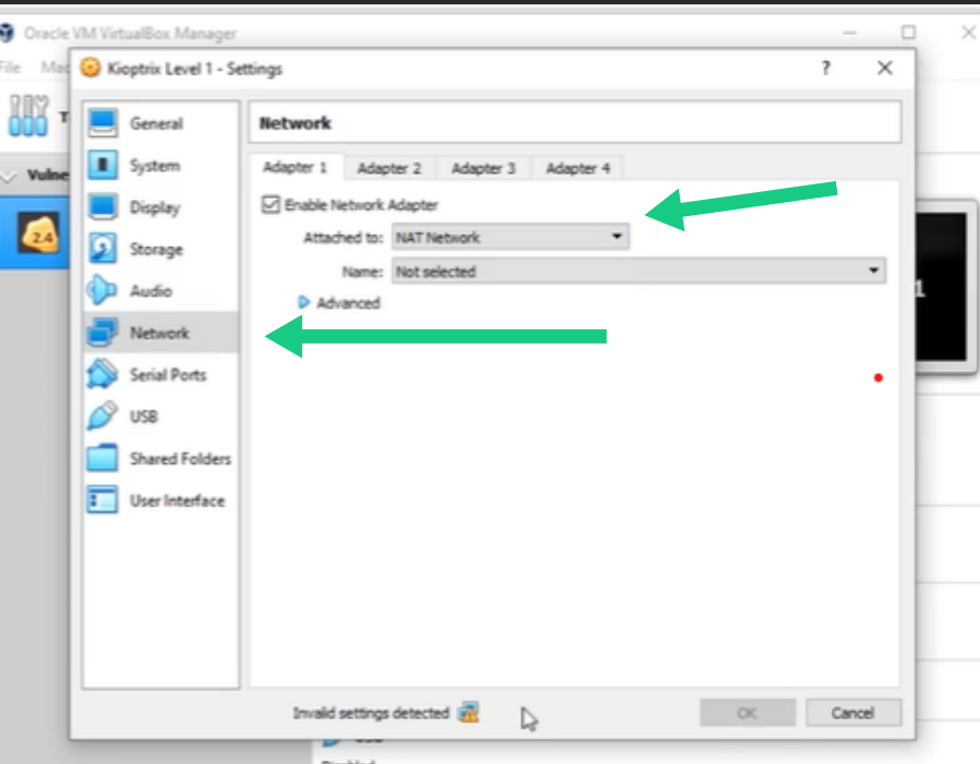 VirtualBox Network Settings tab showing Network Adapter 1 attached to NAT Network indicated with green arrows.