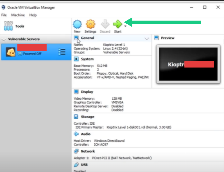 VirtualBox Manager dashboard with green arrow pointing to the Start button to boot the Kioptrix virtual machine