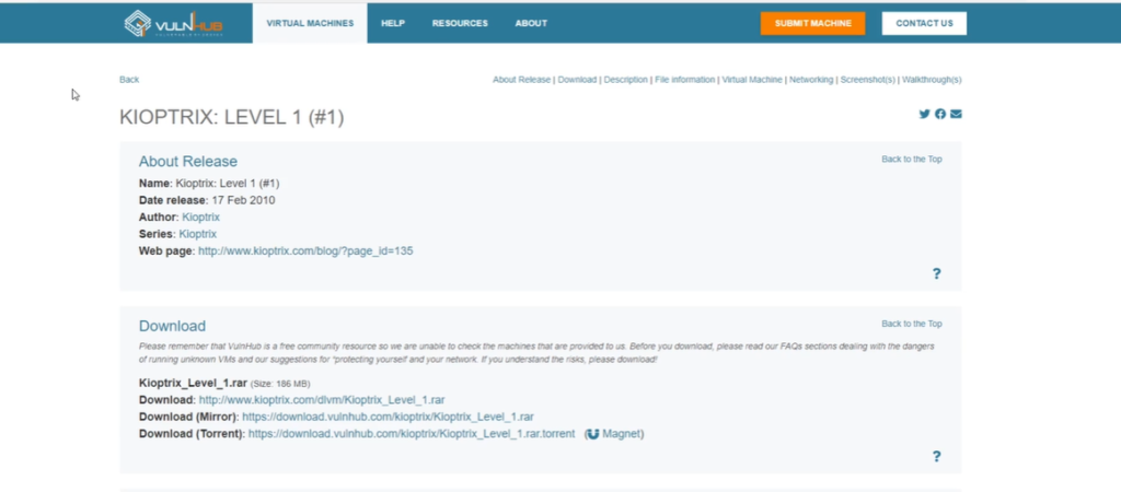 Official download page for Kioptrix Level 1 virtual machine on the VulnHub website.