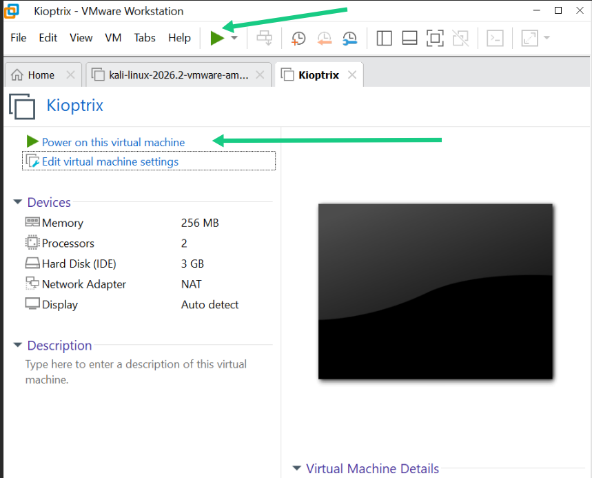 VirtualBox Manager dashboard with green arrow pointing to the Start button to boot the Kioptrix virtual machine