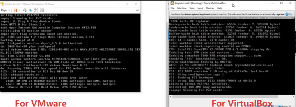 Side-by-side terminal windows displaying Linux 2.4 kernel boot sequence text in VMware Workstation and VirtualBox.