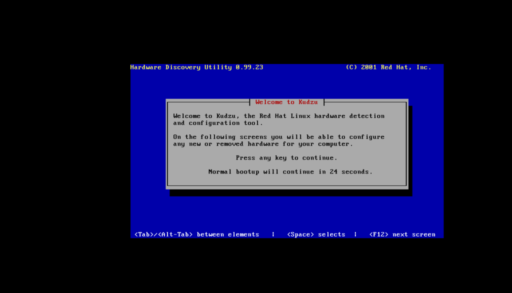 Blue terminal screen showing the 'Welcome to Kudzu' Red Hat Linux hardware detection and configuration tool popup.