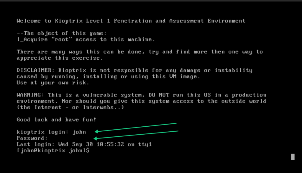 : Kioptrix terminal prompt displaying successful login as user 'john' with interactive shell access.