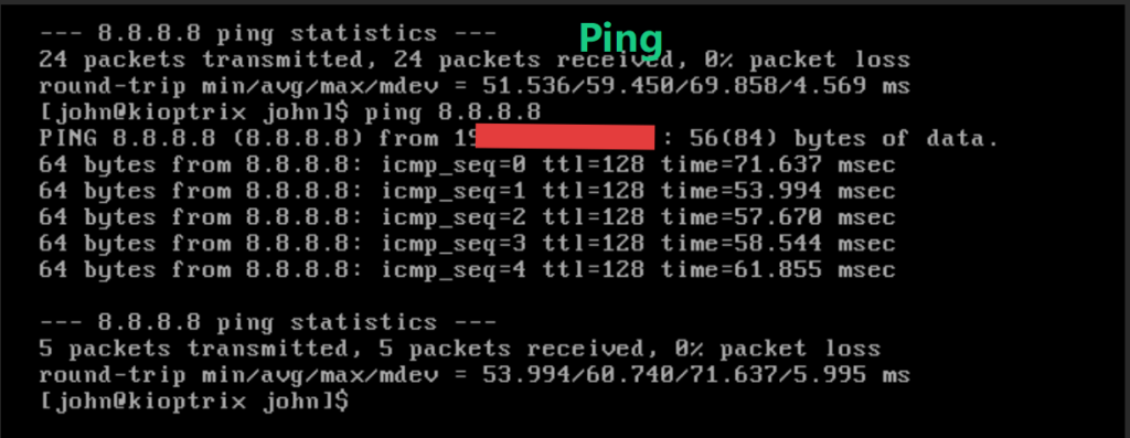 Kioptrix terminal screen displaying output of 'ping 8.8.8.8' with 0 percent packet loss confirming network access.