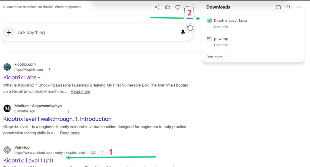 Browser download history showing the completed download of the Kioptrix Level 1 virtual machine OVA file.