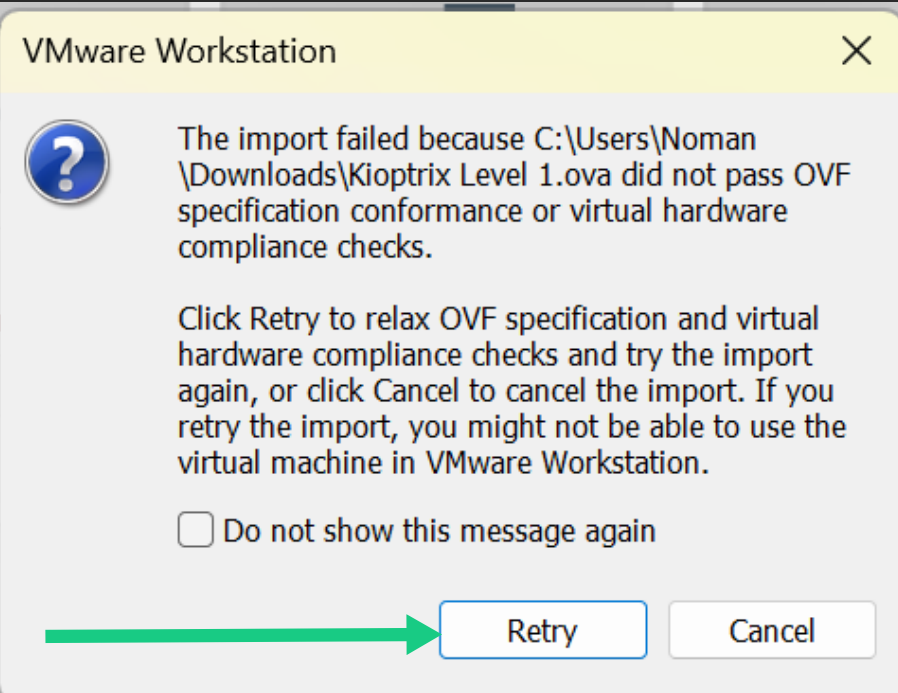 VMware Workstation error message dialog box for OVF specification compliance, with a green arrow pointing to the 'Retry' button.