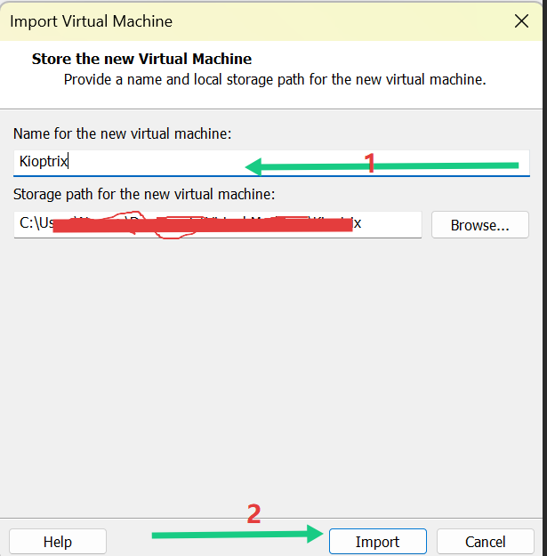 VMware Workstation 'Import Virtual Machine' dialog box showing the name field and destination storage path for the Kioptrix VM.