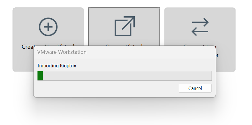 Small VMware Workstation dialog box displaying the green progress bar for importing the Kioptrix virtual machine.