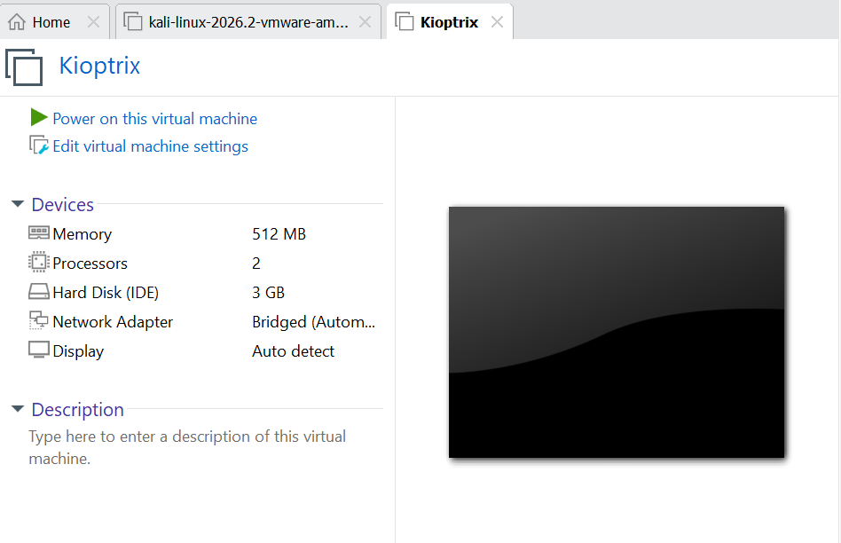 VMware Workstation interface showing the virtual machine summary page for Kioptrix after import, including pre-configured devices.