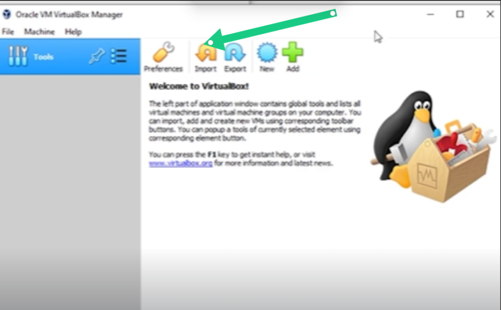 Oracle VM VirtualBox Manager interface home screen, with a green arrow pointing to the 'Import' appliance icon.