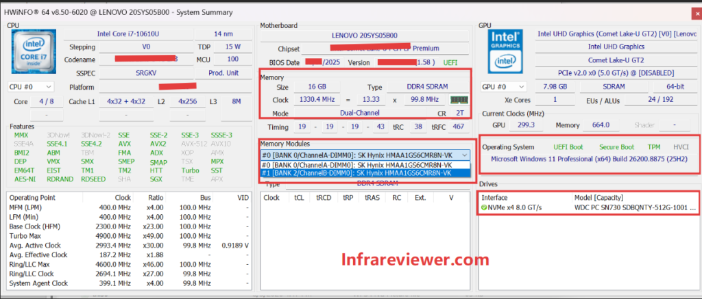 Comprehensive HWiNFO system summary showing RAM SSD and BIOS specs by infrareviewer.com